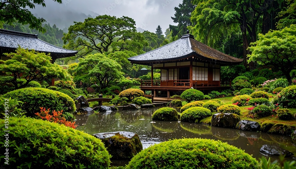 Lush Japanese garden, rain Lush Japanese garden, rain