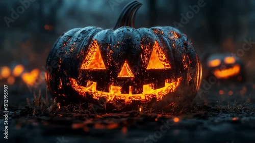 Eerily glowing halloween pumpkins casting a spooky luminescence in twilight