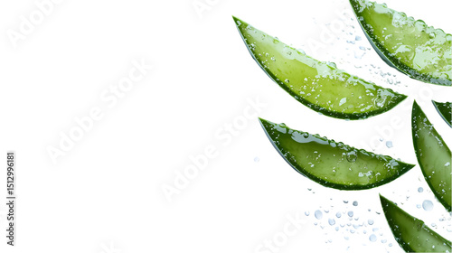 Close up of aloe vera slices with water droplets  a dark  for product placement isolated on transparent background