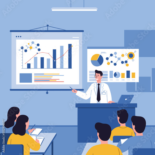 A scientist is giving a lecture or presentation with a focus on charts and scientific data. The scene represents knowledge dissemination, academic learning, and research discussions.