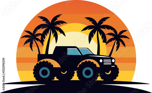 Synthase Monster Truck Vector Art with Palm Trees and Sunset