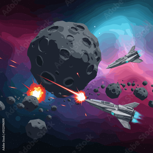 A dynamic scene of a spaceship engaging in space combat with asteroids in the background. Explosions light up the space, suggesting a thrilling and dangerous space battle.