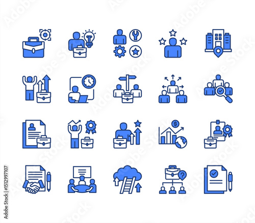 Job vacancy icon collection set. Containing online job search, requirements, recruiting, employment, human resource management, employee skills, career ladder icon. Simple line vector illustration.