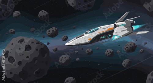 A dramatic space scene with asteroids floating in space and a spaceship zooming past. The dark space background creates a feeling of adventure and danger.