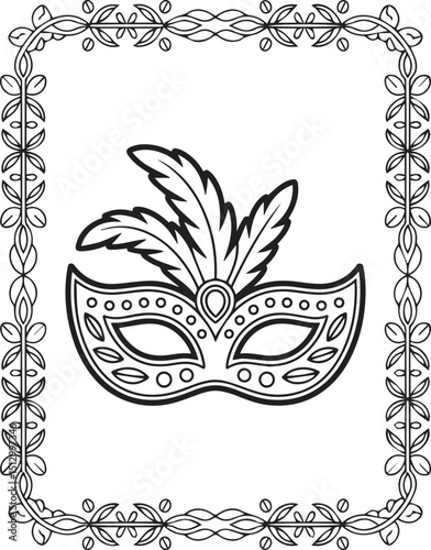 Beautiful carnival mask with border frame and feathers decoration black outline illustration festival coloring page for kids