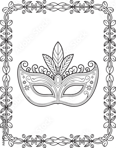 Beautiful carnival mask with border frame and feathers decoration black outline illustration festival coloring page for kids