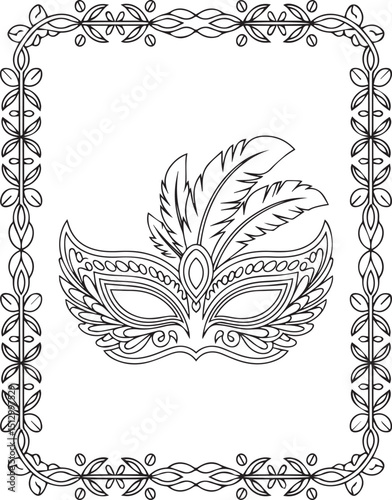 Beautiful carnival mask with border frame and feathers decoration black outline illustration festival coloring page for kids