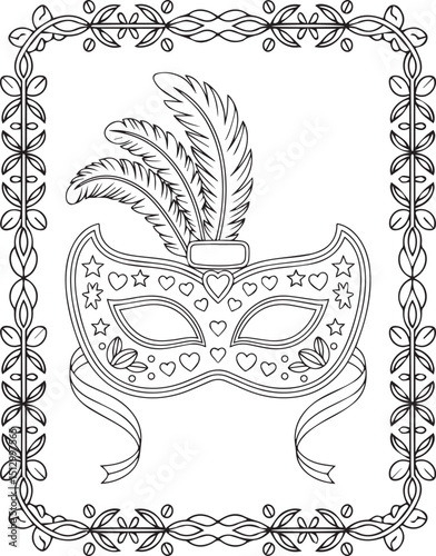 Beautiful carnival mask with border frame and feathers decoration black outline illustration festival coloring page for kids