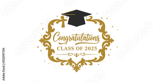 Elegant congratulatory design for the graduating class of 2025 featuring a graduation cap and ornamental frame