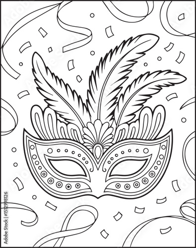 Beautiful carnival mask with border frame and feathers decoration black outline illustration festival coloring page for kids