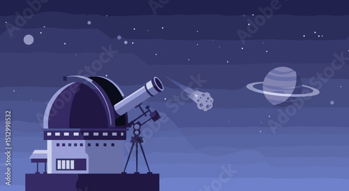 A high-tech telescope in space pointed toward the stars. The image suggests a theme of astronomical discovery, observation, and space exploration.