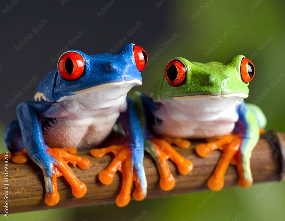 Fototapeta premium Two colorful tree frogs on a branch (1)