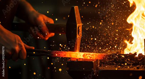 Blacksmith Working Hot Metal with Hammer