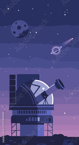 A high-tech telescope in space pointed toward the stars. The image suggests a theme of astronomical discovery, observation, and space exploration.