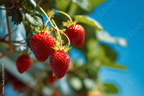 a strawberry plant with a blue sky in the background