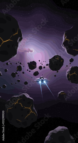 A dramatic space scene with asteroids floating in space and a spaceship zooming past. The dark space background creates a feeling of adventure and danger.