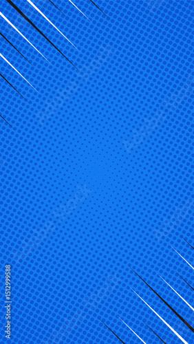 Blue halftone comic vertical background with fast tapering lines. Suitable for comics, presentations, posters, etc.