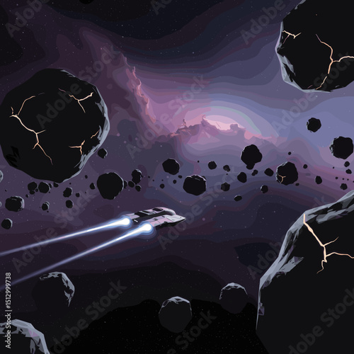 A dramatic space scene with asteroids floating in space and a spaceship zooming past. The dark space background creates a feeling of adventure and danger.