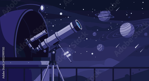 A high-tech telescope in space pointed toward the stars. The image suggests a theme of astronomical discovery, observation, and space exploration.