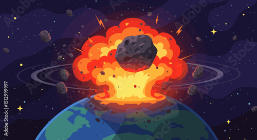 A fiery asteroid heading towards Earth, creating a dramatic and dangerous scenario. The visual represents an impending disaster from space.