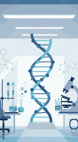 A scientific lab with a focus on DNA research, featuring a double helix model, laboratory equipment, and microscopes. The image emphasizes biotechnological exploration and scientific study.