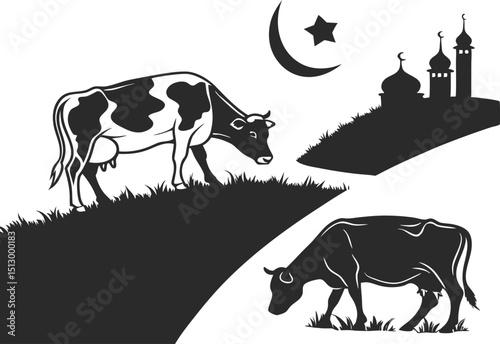 eid ul adha cow black and white silhouettes vector  illustration cows, calves, and a bull, as isolated vector silhouettes for livestock illustrations