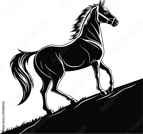 Black horse vector silhouette illustration of a running wild mustang stallion
