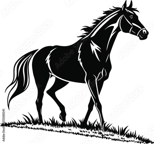 Running black horse silhouette vector illustration with mane and tail outline