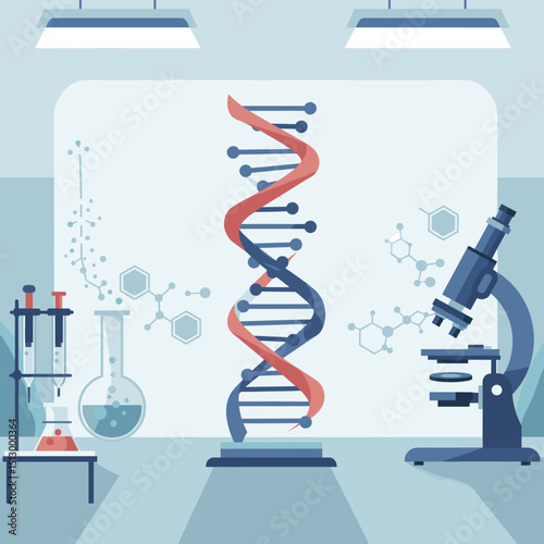 A scientific lab with a focus on DNA research, featuring a double helix model, laboratory equipment, and microscopes. The image emphasizes biotechnological exploration and scientific study.