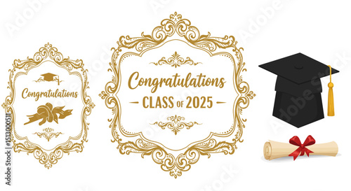 Elegant gold ornate graduation congratulations frame design for class of 2025 celebration