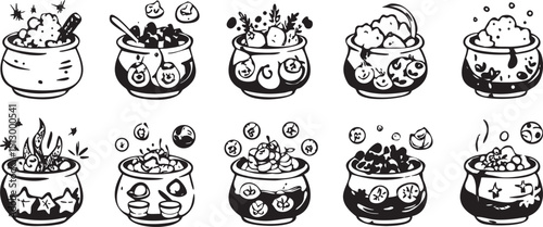 Magical Cauldron Illustration: A mystical assortment of whimsical cauldrons, each brimming with enchanted concoctions and spellbinding ingredients, evokes a sense of wonder and creative artistry.