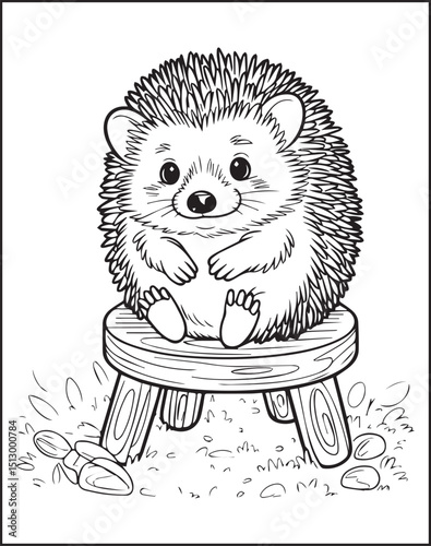 Cute animal hedgehog sitting on a table vector line art for kids coloring book