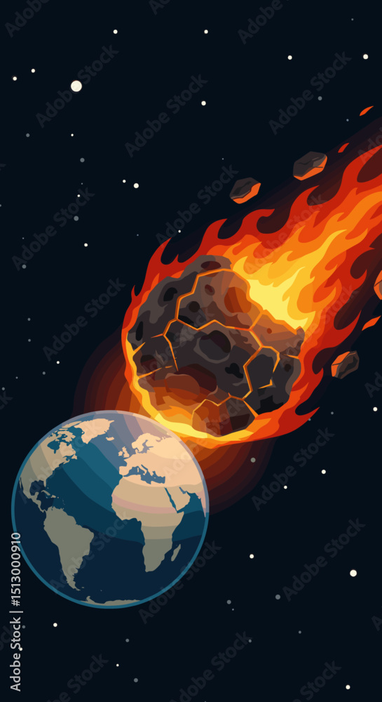 Fototapeta premium A fiery asteroid heading towards Earth, creating a dramatic and dangerous scenario. The visual represents an impending disaster from space.