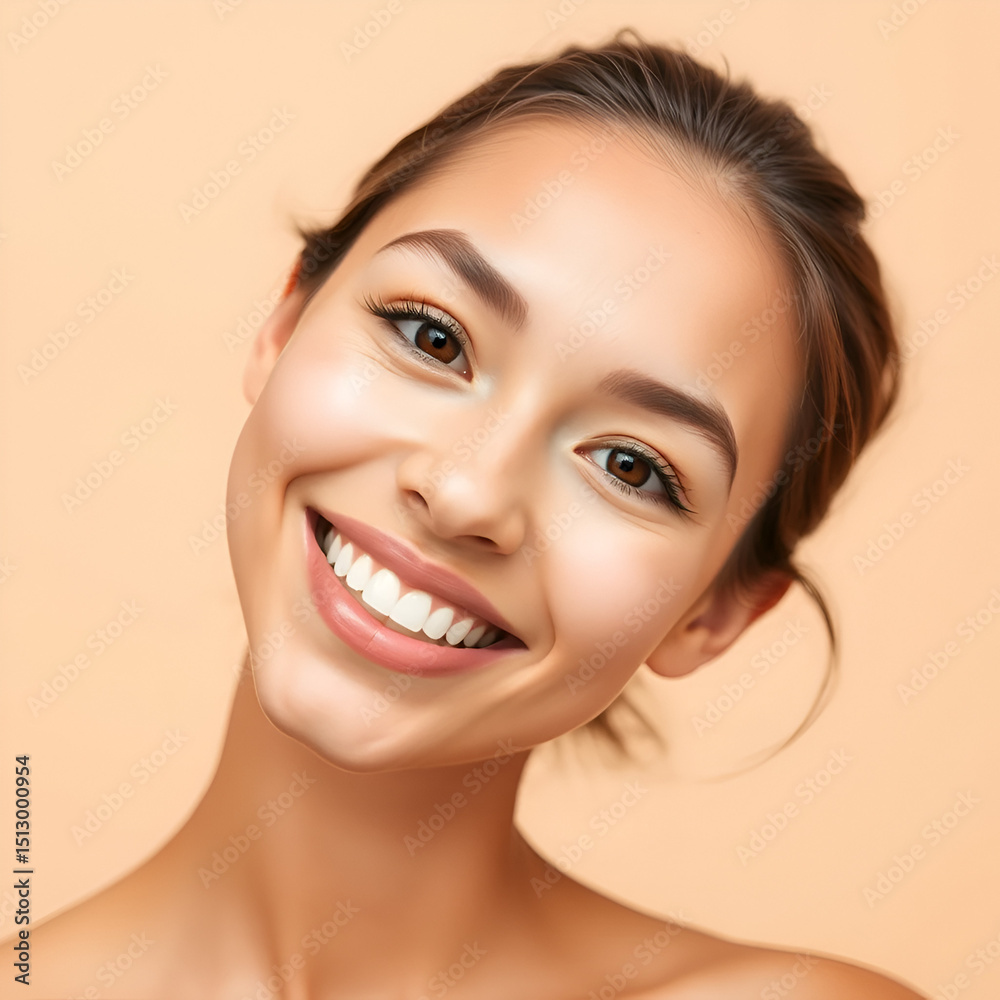 Obraz premium Young attractive smiling woman with perfect skin, isolated on beige background, concept of female natural beauty
