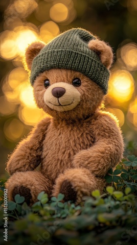 Teddy bear in a beanie, bokeh background