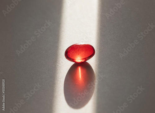 Сonceptual photo. A red pill as a gateway to another reality. The pill is shown against a white background with a line of light.