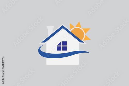 Simple house logo with sun and blue swoosh real estate and home construction logo with sun and arc design