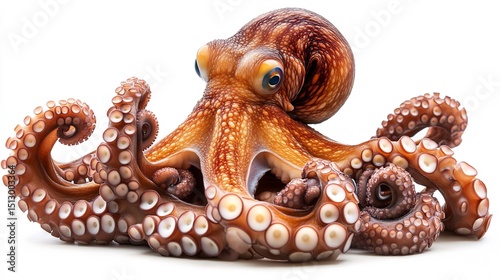 Giant octopus extending its curling tentacles deep orange skin textured in ultra HD realism isolated on a white background