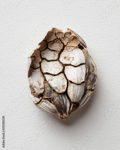 A white object with black spots and a cracked surface