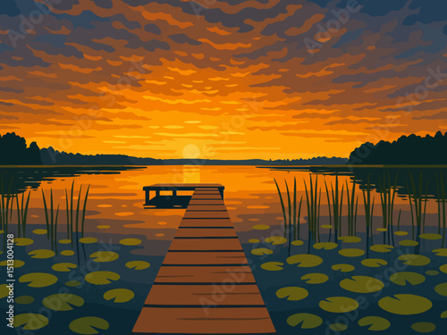 panorama beautiful sunrise over lake illustration clipart landscape 