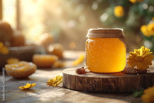 honey jar mockup on wooden slice with yellow flowers and sunlight

 photo