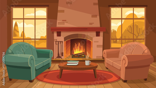 cozy living room interior with a fireplace and two sofa, window autumn view, flat vector illustration 