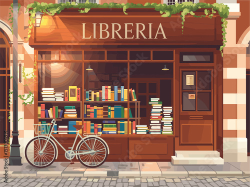 vector illustration of european book shop showcase with lots of books with bicycle outside
