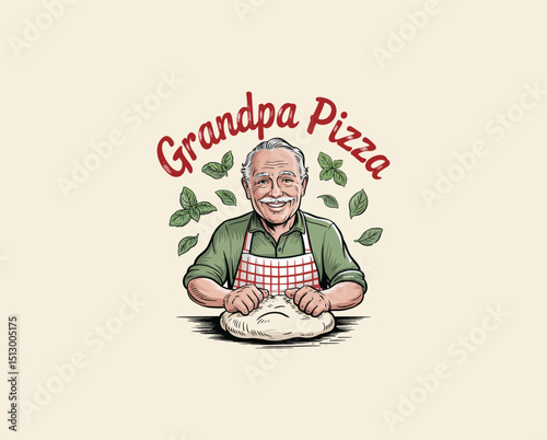 hand drawn vintage grandpa makes pizza logo design 