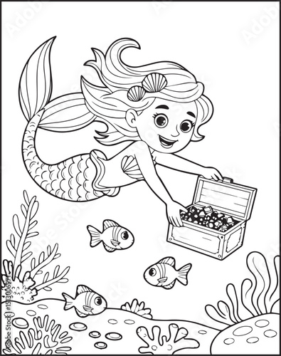 Beautiful little mermaid sea princess in underwater scenery black vector outline coloring page for kids