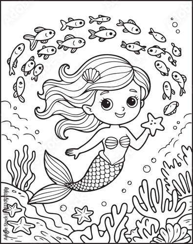 Beautiful little mermaid sea princess in underwater scenery black vector outline coloring page for kids