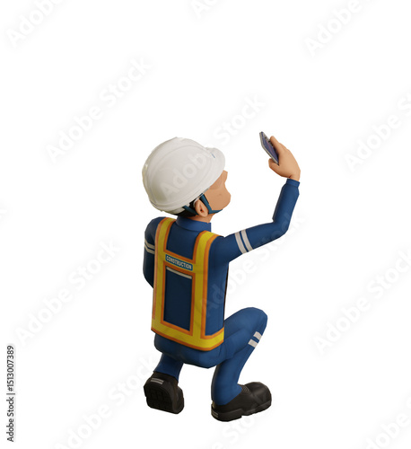 Fototapeta Naklejka Na Ścianę i Meble -  Isolate industrial worker is using the mobile phone  to taking a photo on transparent back ground