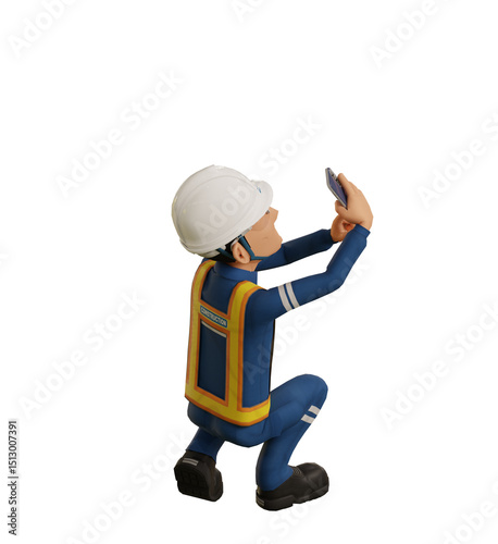 Fototapeta Naklejka Na Ścianę i Meble -  Isolate industrial worker is using the mobile phone  to taking a photo on transparent back ground
