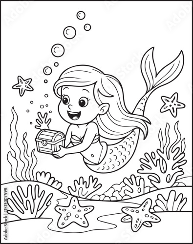 Beautiful little mermaid sea princess in underwater scenery black vector outline coloring page for kids