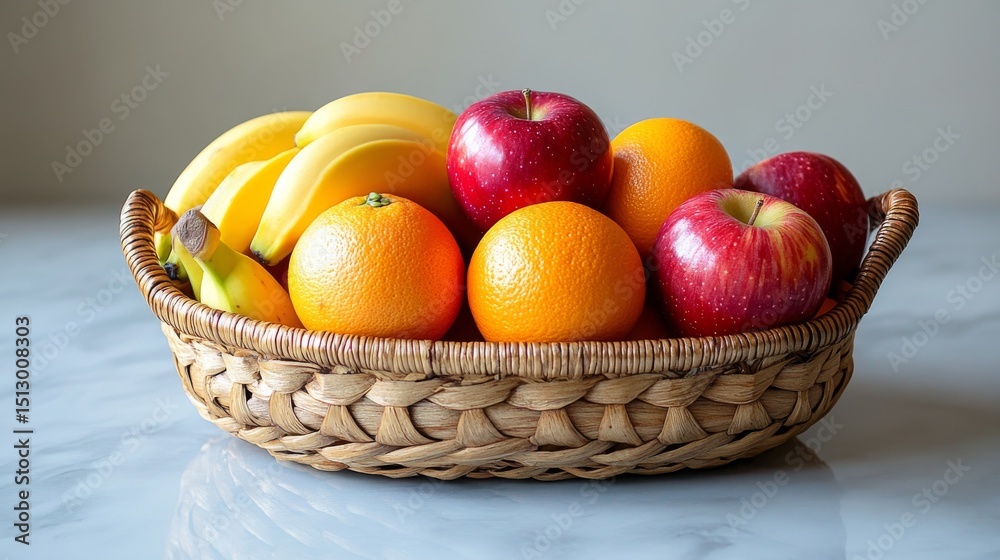Vibrant Harvest: A Woven Basket overflowing with Fresh Apples, Oranges, and Bananas, capturing the essence of Healthy Living and Nutritional Abundance Vibrant Harvest: A Woven Basket overflowing with Fresh Apples, Oranges, and Bananas, capturing the essence of Healthy Living and Nutritional Abundance